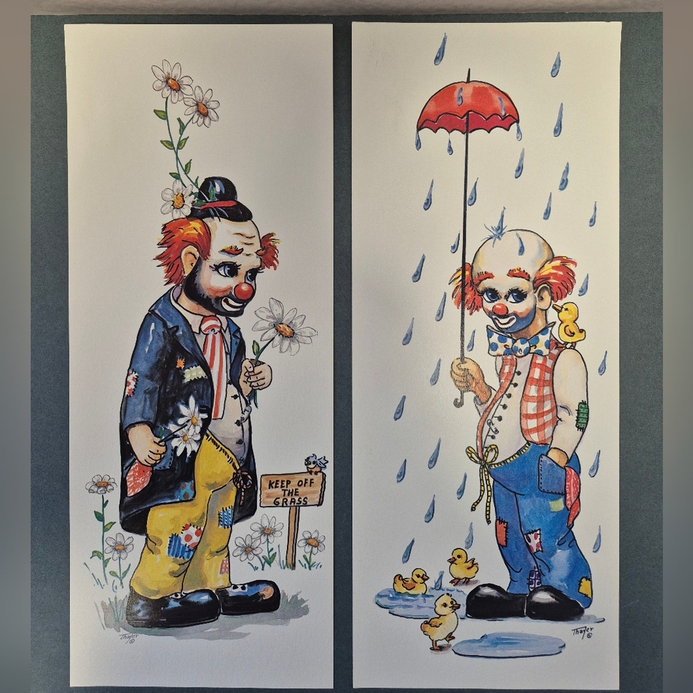Vintage 'Thayer' Colorful Clown Litho Prints Set (2)  - GEME ART GALLERY
